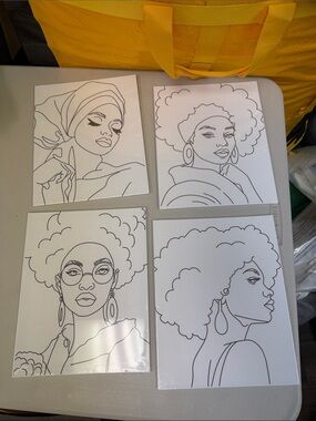 Set of 4 Black & White African American Ladies Art Canvases ready to paint color